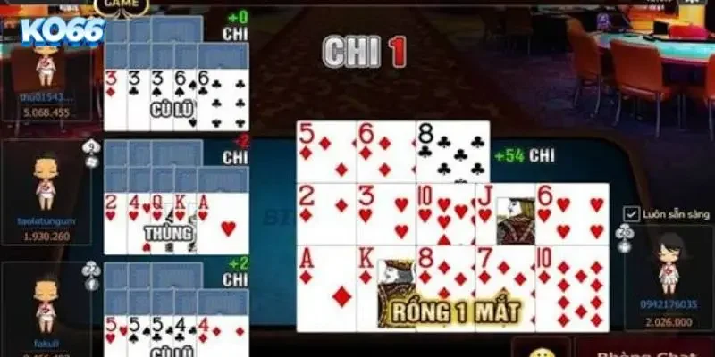 Giao diện xếp bài Mậu binh KO66 hỗ trợ tối ưu hóa thao tác xếp bài trong 30 giây